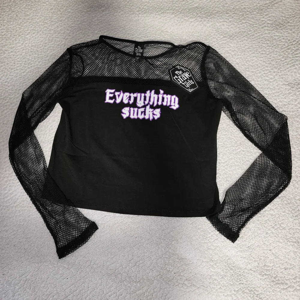 NWT Dolls Kill Black , Sheer Everything Sucks Long Sleeve Tee - Picture 6 of 10